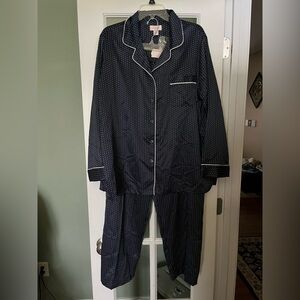 Navy Polka Dot Two-Piece Pajama Set with White Piping